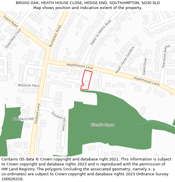 BROAD OAK, HEATH HOUSE CLOSE, HEDGE END, SOUTHAMPTON, SO30 0LD: Location map and indicative extent of plot