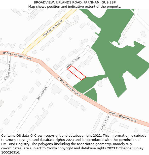 BROADVIEW, UPLANDS ROAD, FARNHAM, GU9 8BP: Location map and indicative extent of plot