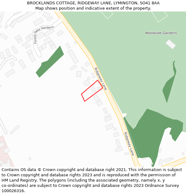 BROCKLANDS COTTAGE, RIDGEWAY LANE, LYMINGTON, SO41 8AA: Location map and indicative extent of plot