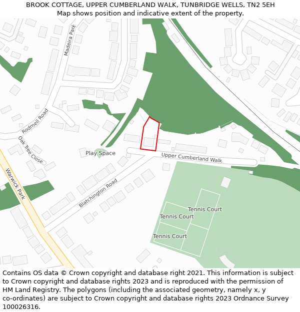 BROOK COTTAGE, UPPER CUMBERLAND WALK, TUNBRIDGE WELLS, TN2 5EH: Location map and indicative extent of plot