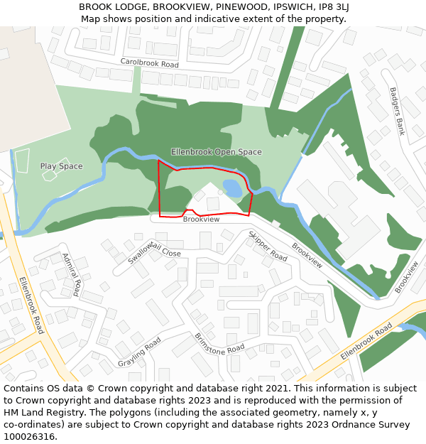 BROOK LODGE, BROOKVIEW, PINEWOOD, IPSWICH, IP8 3LJ: Location map and indicative extent of plot