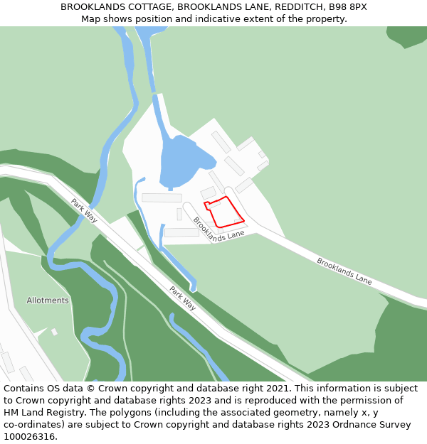 BROOKLANDS COTTAGE, BROOKLANDS LANE, REDDITCH, B98 8PX: Location map and indicative extent of plot