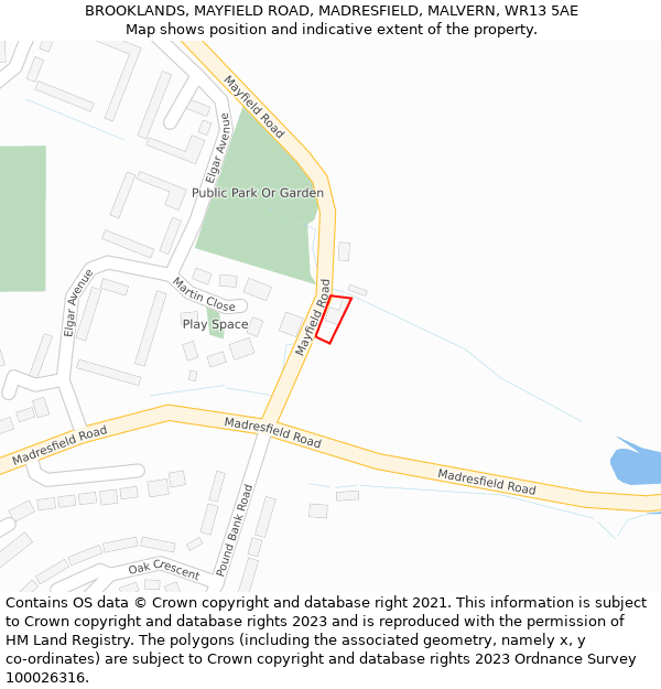 BROOKLANDS, MAYFIELD ROAD, MADRESFIELD, MALVERN, WR13 5AE: Location map and indicative extent of plot