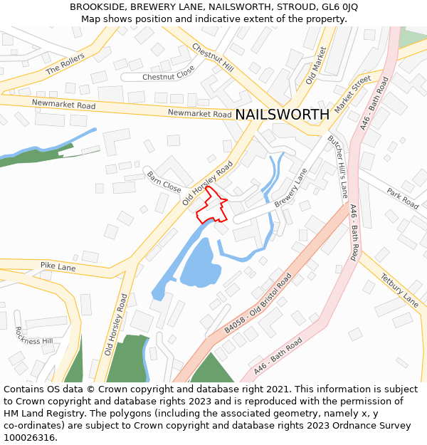 BROOKSIDE, BREWERY LANE, NAILSWORTH, STROUD, GL6 0JQ: Location map and indicative extent of plot