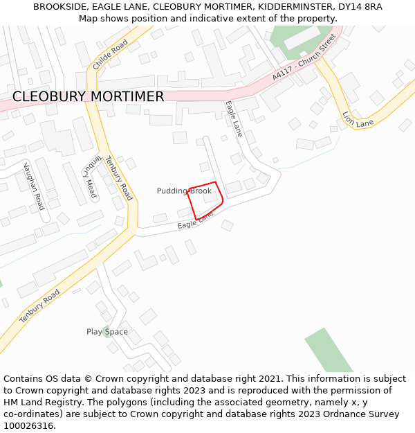 BROOKSIDE, EAGLE LANE, CLEOBURY MORTIMER, KIDDERMINSTER, DY14 8RA: Location map and indicative extent of plot