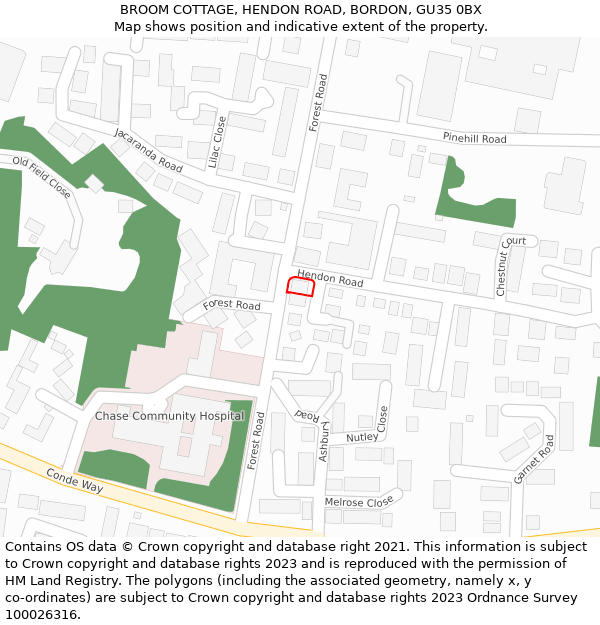 BROOM COTTAGE, HENDON ROAD, BORDON, GU35 0BX: Location map and indicative extent of plot