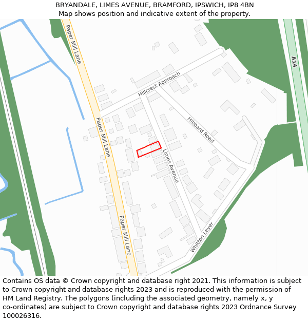 BRYANDALE, LIMES AVENUE, BRAMFORD, IPSWICH, IP8 4BN: Location map and indicative extent of plot