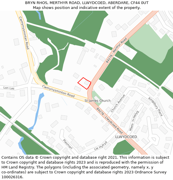 BRYN RHOS, MERTHYR ROAD, LLWYDCOED, ABERDARE, CF44 0UT: Location map and indicative extent of plot