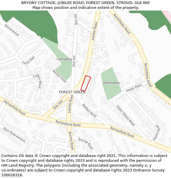 BRYONY COTTAGE, JUBILEE ROAD, FOREST GREEN, STROUD, GL6 0NF: Location map and indicative extent of plot