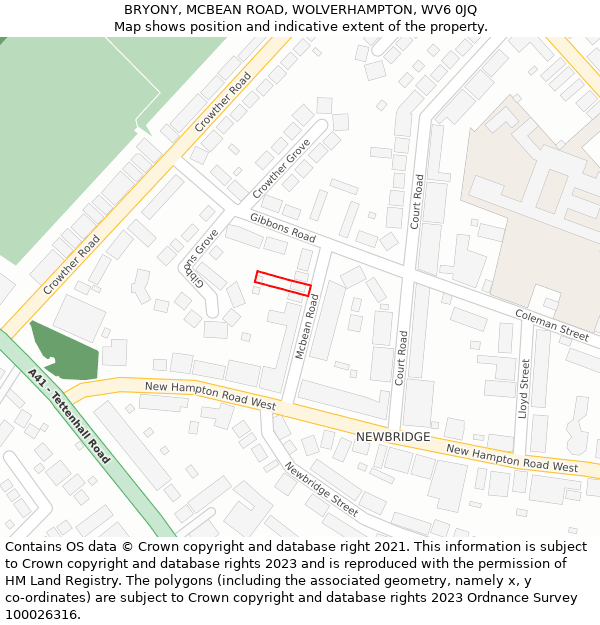 BRYONY, MCBEAN ROAD, WOLVERHAMPTON, WV6 0JQ: Location map and indicative extent of plot