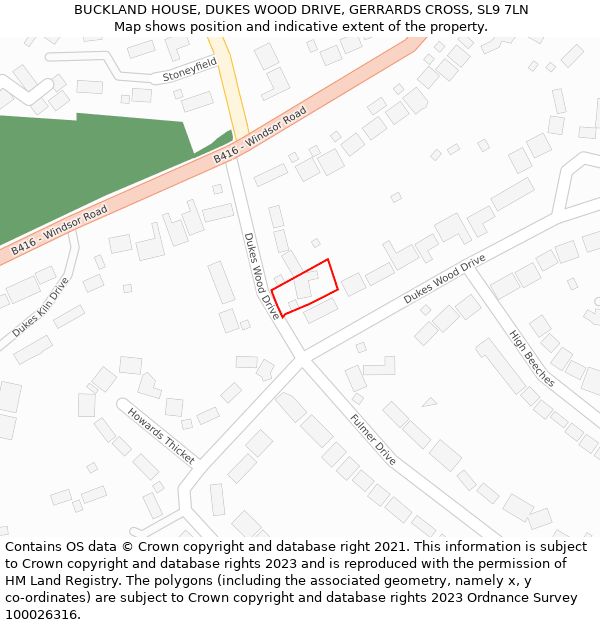 BUCKLAND HOUSE, DUKES WOOD DRIVE, GERRARDS CROSS, SL9 7LN: Location map and indicative extent of plot