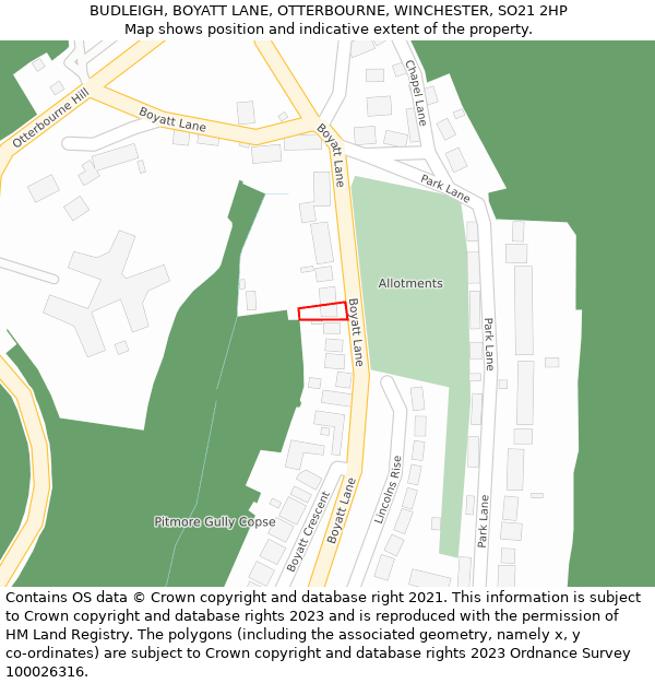 BUDLEIGH, BOYATT LANE, OTTERBOURNE, WINCHESTER, SO21 2HP: Location map and indicative extent of plot