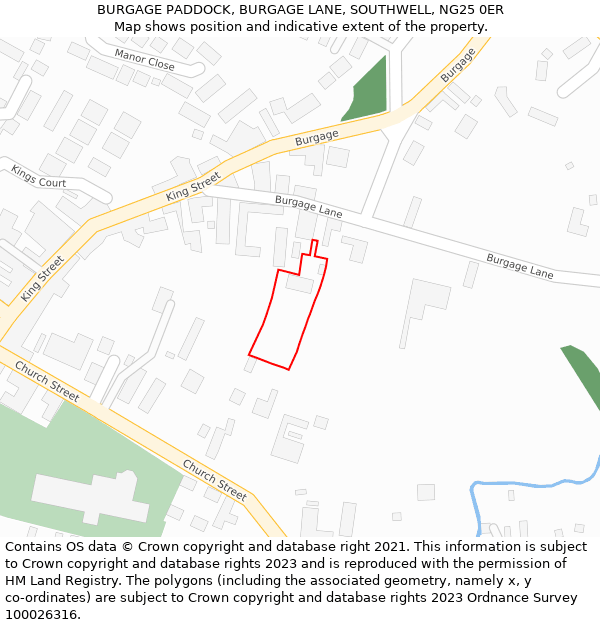 BURGAGE PADDOCK, BURGAGE LANE, SOUTHWELL, NG25 0ER: Location map and indicative extent of plot