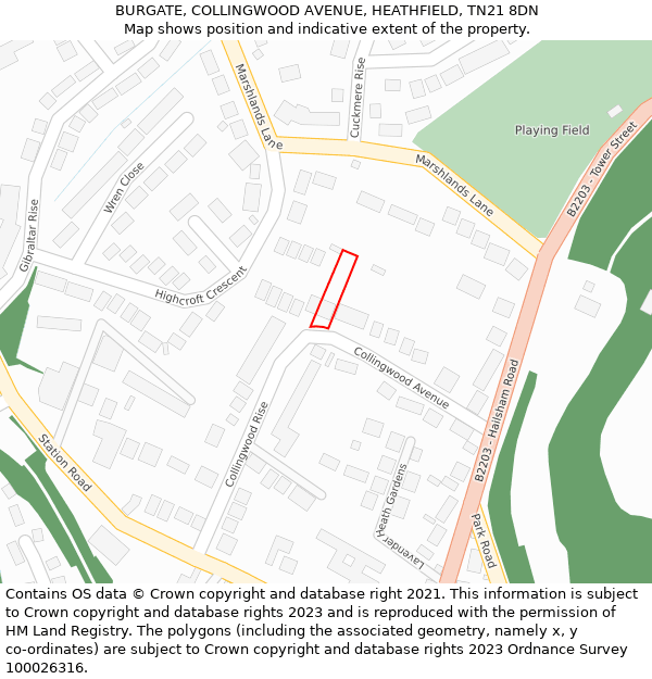 BURGATE, COLLINGWOOD AVENUE, HEATHFIELD, TN21 8DN: Location map and indicative extent of plot