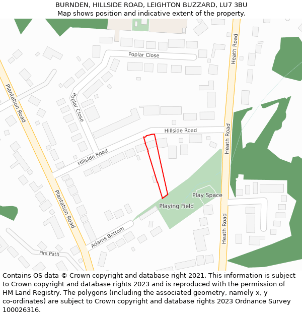 BURNDEN, HILLSIDE ROAD, LEIGHTON BUZZARD, LU7 3BU: Location map and indicative extent of plot