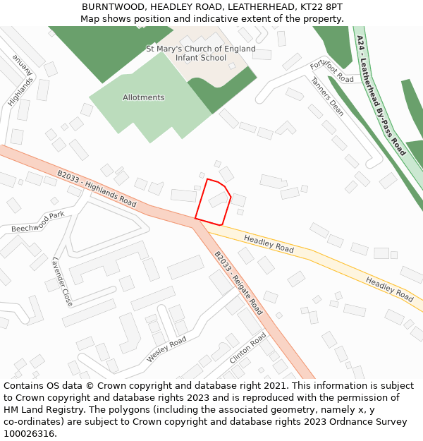 BURNTWOOD, HEADLEY ROAD, LEATHERHEAD, KT22 8PT: Location map and indicative extent of plot