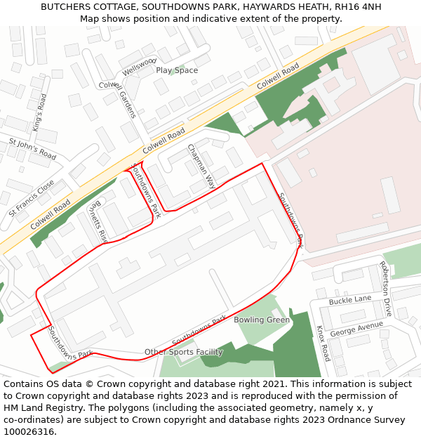 BUTCHERS COTTAGE, SOUTHDOWNS PARK, HAYWARDS HEATH, RH16 4NH: Location map and indicative extent of plot