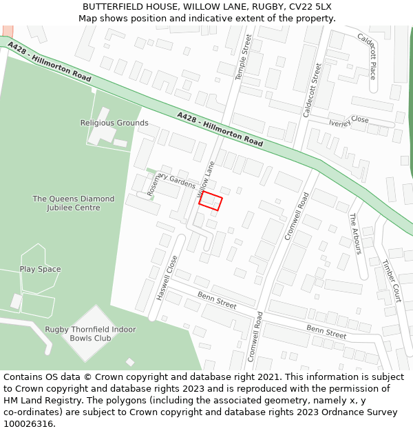 BUTTERFIELD HOUSE, WILLOW LANE, RUGBY, CV22 5LX: Location map and indicative extent of plot