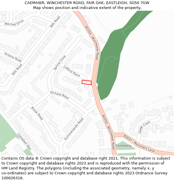 CAEMAWR, WINCHESTER ROAD, FAIR OAK, EASTLEIGH, SO50 7GW: Location map and indicative extent of plot