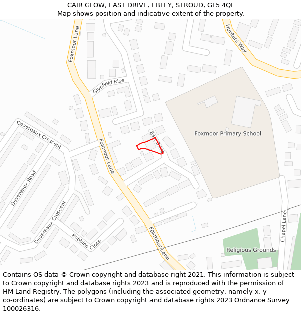 CAIR GLOW, EAST DRIVE, EBLEY, STROUD, GL5 4QF: Location map and indicative extent of plot