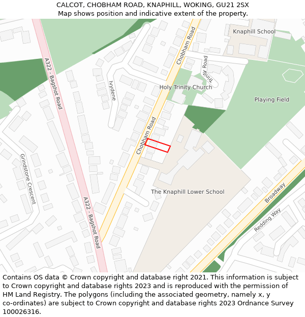 CALCOT, CHOBHAM ROAD, KNAPHILL, WOKING, GU21 2SX: Location map and indicative extent of plot