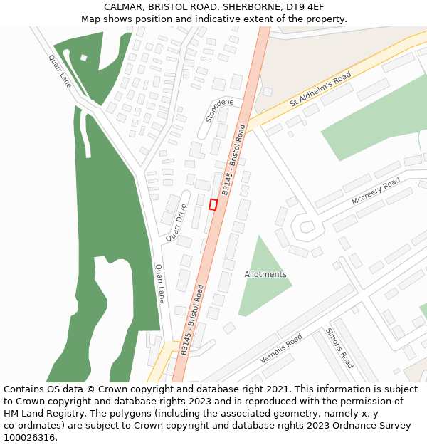 CALMAR, BRISTOL ROAD, SHERBORNE, DT9 4EF: Location map and indicative extent of plot