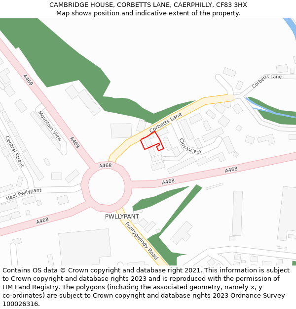 CAMBRIDGE HOUSE, CORBETTS LANE, CAERPHILLY, CF83 3HX: Location map and indicative extent of plot