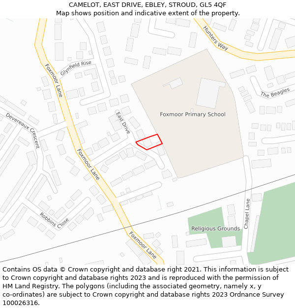 CAMELOT, EAST DRIVE, EBLEY, STROUD, GL5 4QF: Location map and indicative extent of plot