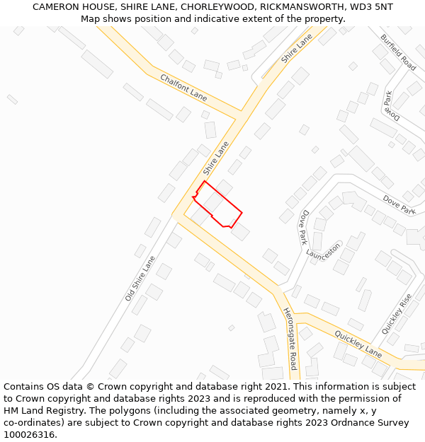 CAMERON HOUSE, SHIRE LANE, CHORLEYWOOD, RICKMANSWORTH, WD3 5NT: Location map and indicative extent of plot