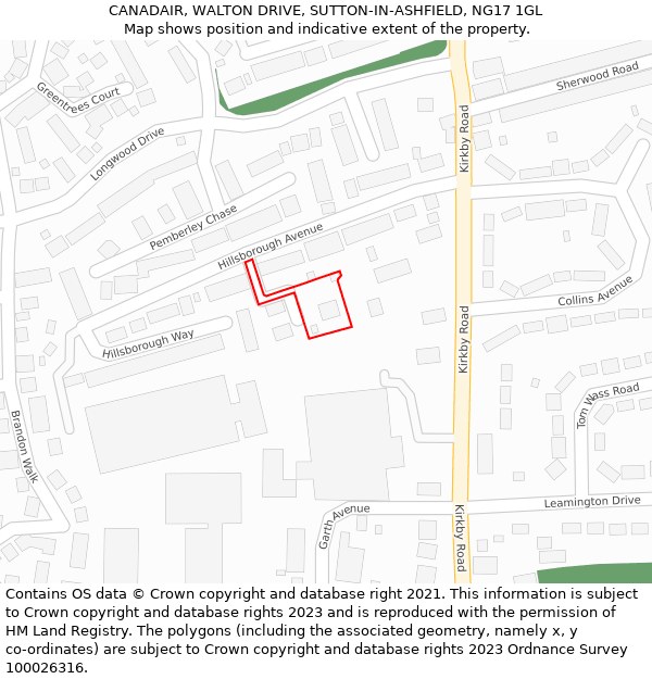 CANADAIR, WALTON DRIVE, SUTTON-IN-ASHFIELD, NG17 1GL: Location map and indicative extent of plot