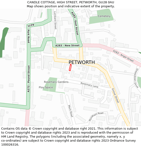 CANDLE COTTAGE, HIGH STREET, PETWORTH, GU28 0AU: Location map and indicative extent of plot