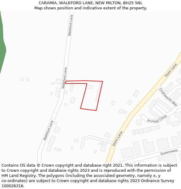 CARAMIA, WALKFORD LANE, NEW MILTON, BH25 5NL: Location map and indicative extent of plot