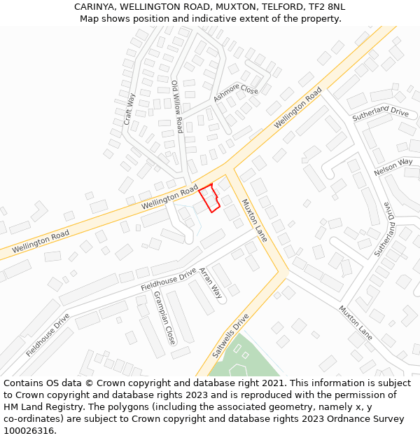 CARINYA, WELLINGTON ROAD, MUXTON, TELFORD, TF2 8NL: Location map and indicative extent of plot