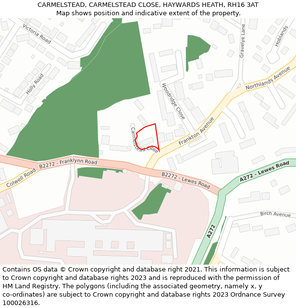 CARMELSTEAD, CARMELSTEAD CLOSE, HAYWARDS HEATH, RH16 3AT: Location map and indicative extent of plot