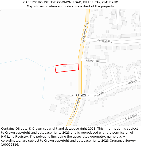 CARRICK HOUSE, TYE COMMON ROAD, BILLERICAY, CM12 9NX: Location map and indicative extent of plot