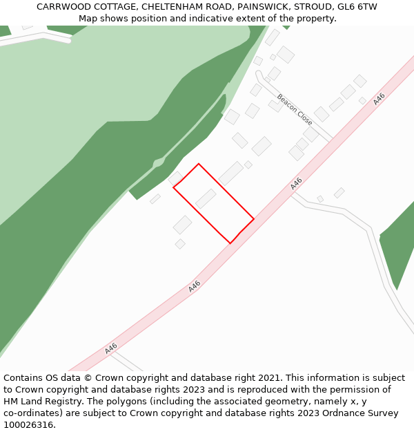 CARRWOOD COTTAGE, CHELTENHAM ROAD, PAINSWICK, STROUD, GL6 6TW: Location map and indicative extent of plot