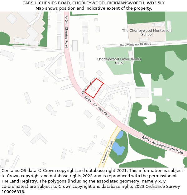 CARSU, CHENIES ROAD, CHORLEYWOOD, RICKMANSWORTH, WD3 5LY: Location map and indicative extent of plot