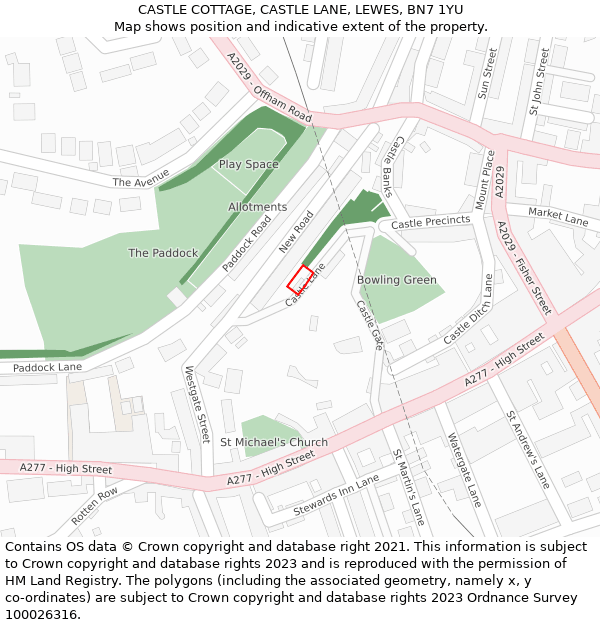 CASTLE COTTAGE, CASTLE LANE, LEWES, BN7 1YU: Location map and indicative extent of plot