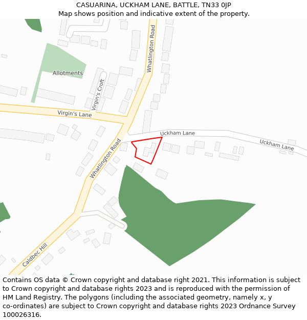CASUARINA, UCKHAM LANE, BATTLE, TN33 0JP: Location map and indicative extent of plot