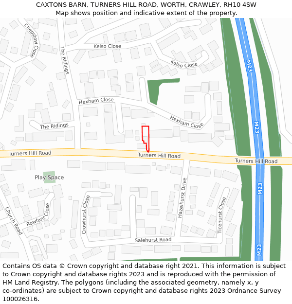 CAXTONS BARN, TURNERS HILL ROAD, WORTH, CRAWLEY, RH10 4SW: Location map and indicative extent of plot