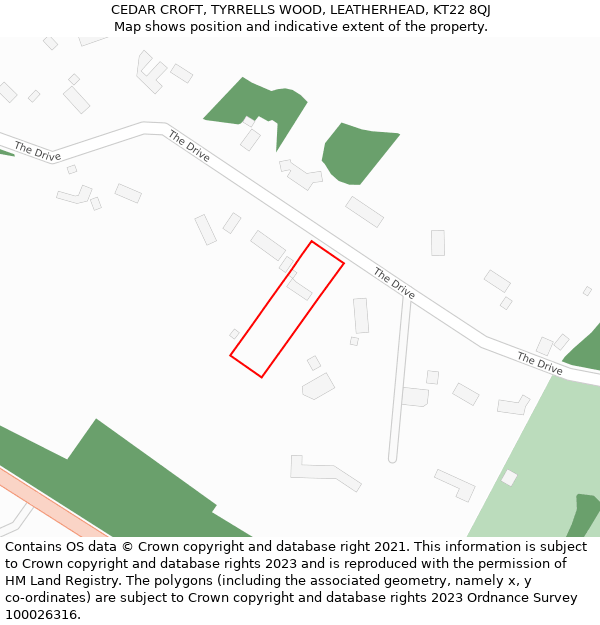 CEDAR CROFT, TYRRELLS WOOD, LEATHERHEAD, KT22 8QJ: Location map and indicative extent of plot