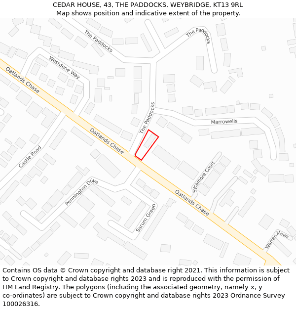CEDAR HOUSE, 43, THE PADDOCKS, WEYBRIDGE, KT13 9RL: Location map and indicative extent of plot