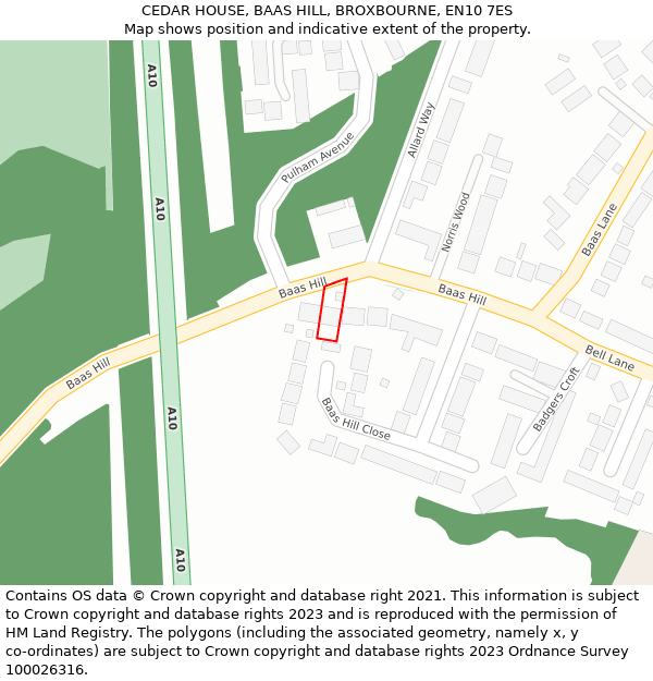 CEDAR HOUSE, BAAS HILL, BROXBOURNE, EN10 7ES: Location map and indicative extent of plot