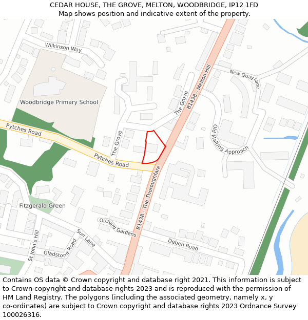 CEDAR HOUSE, THE GROVE, MELTON, WOODBRIDGE, IP12 1FD: Location map and indicative extent of plot