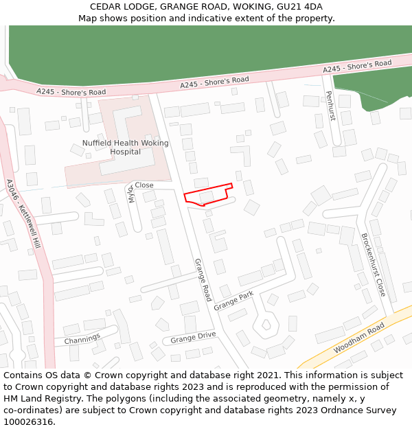 CEDAR LODGE, GRANGE ROAD, WOKING, GU21 4DA: Location map and indicative extent of plot