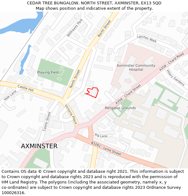 CEDAR TREE BUNGALOW, NORTH STREET, AXMINSTER, EX13 5QD: Location map and indicative extent of plot