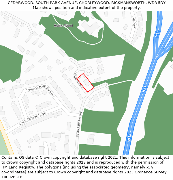 CEDARWOOD, SOUTH PARK AVENUE, CHORLEYWOOD, RICKMANSWORTH, WD3 5DY: Location map and indicative extent of plot