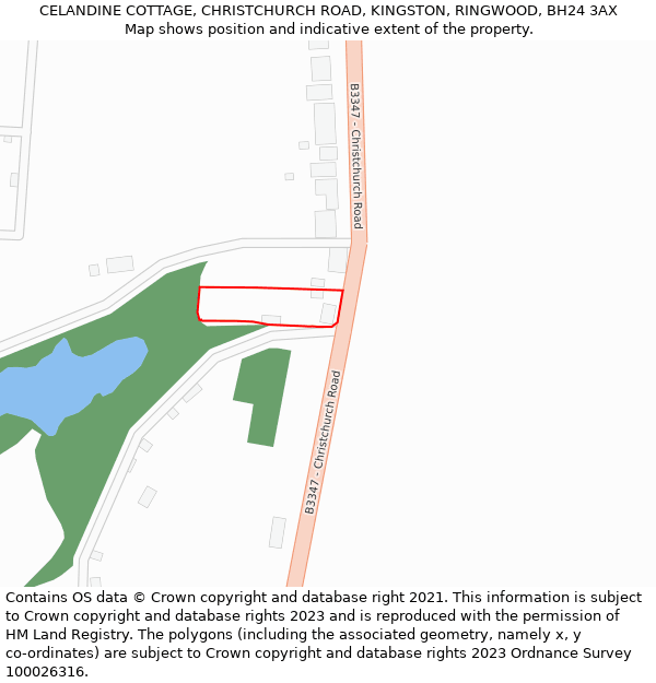 CELANDINE COTTAGE, CHRISTCHURCH ROAD, KINGSTON, RINGWOOD, BH24 3AX: Location map and indicative extent of plot