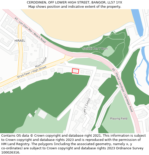CERDDINEN, OFF LOWER HIGH STREET, BANGOR, LL57 1YX: Location map and indicative extent of plot