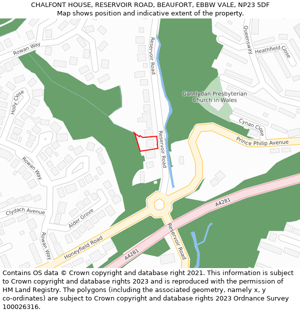 CHALFONT HOUSE, RESERVOIR ROAD, BEAUFORT, EBBW VALE, NP23 5DF: Location map and indicative extent of plot